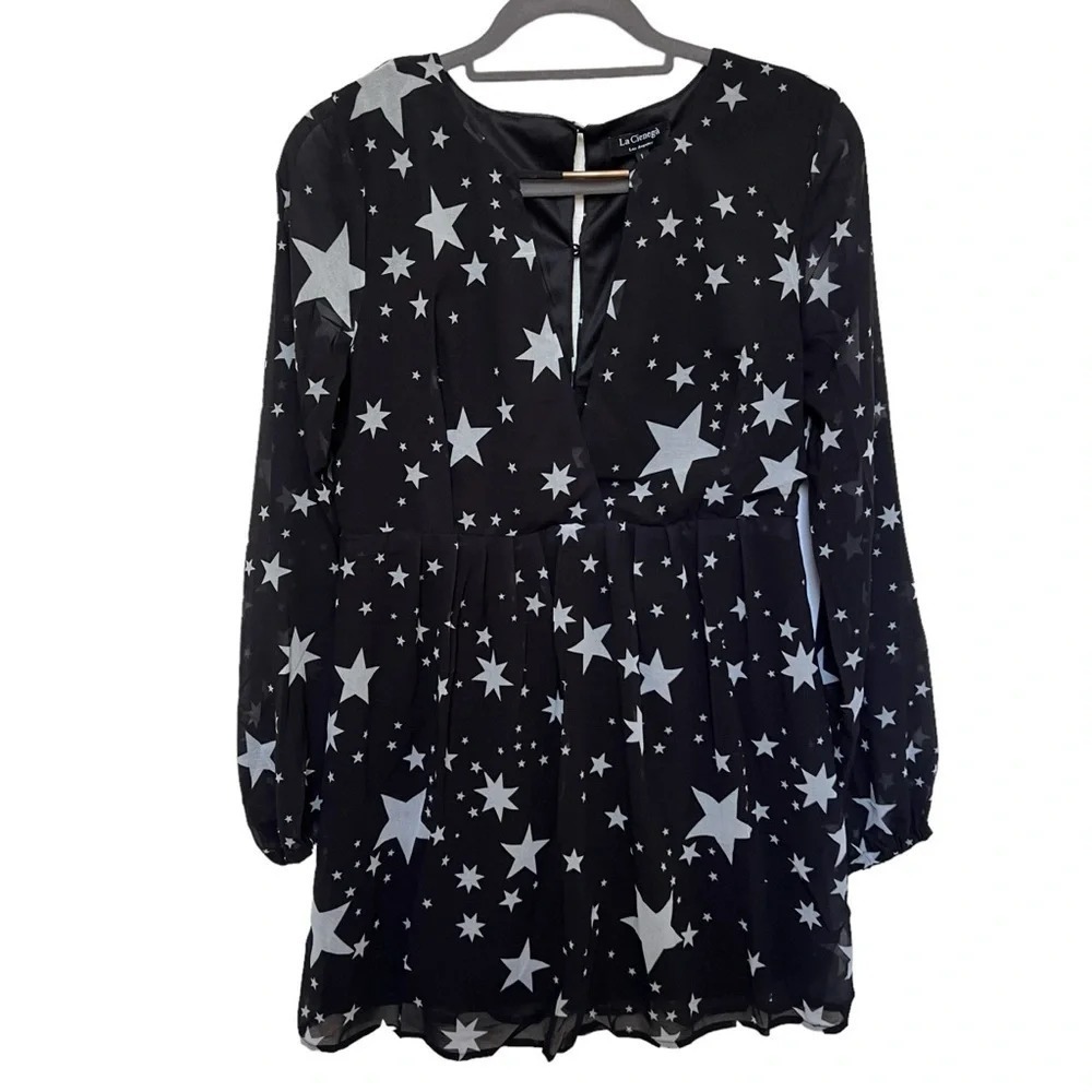 La Cienega Los Angeles Black Star Print Mini‎ Dress V-Neck Long Sleeve NWT Large